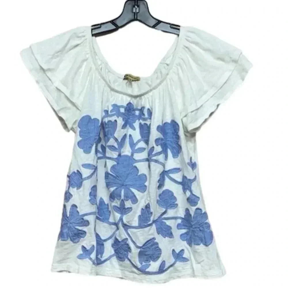 Democracy Women's White Ruffle Sleeve Embroidered Floral Blouse Size M - Picture 1 of 4